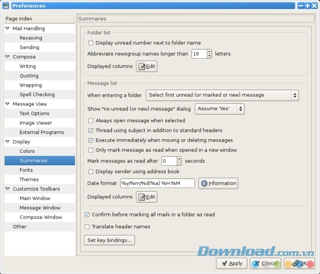 Cửa sổ tùy chọn phiên bản PC của phần mềm đọc email miễn phí Claws Mail